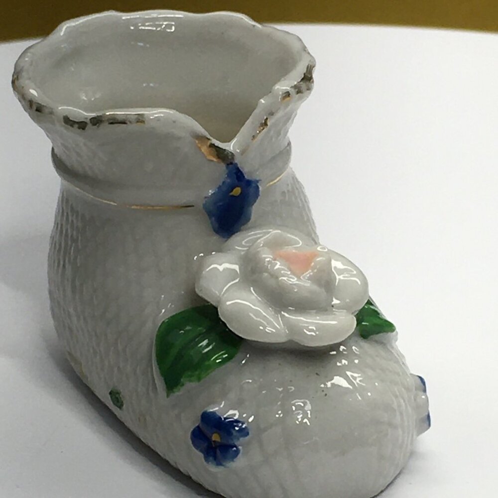 Vintage Miniature Boot Shoe Toothpick Holder Porcelain White Floral 2.5" L